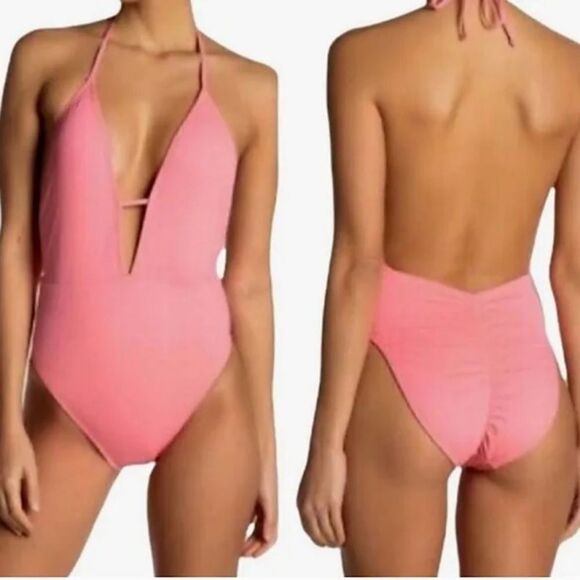 Bikini Lab Womens One Piece Swimsuit Deep V Plunge Hot Pink Large L - Picture 4 of 4